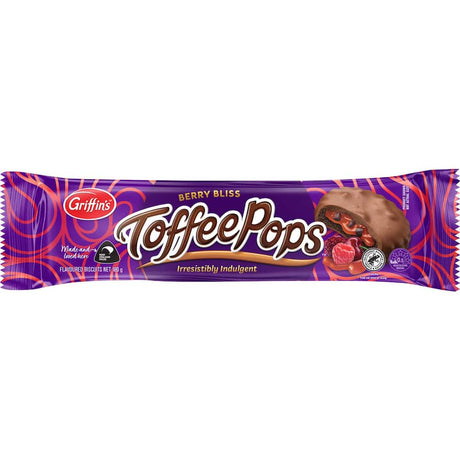 Griffins Toffee Pops Chocolate Biscuits Berry Bliss, featuring rich chocolate, crunchy biscuit, and sweet berry flavor.