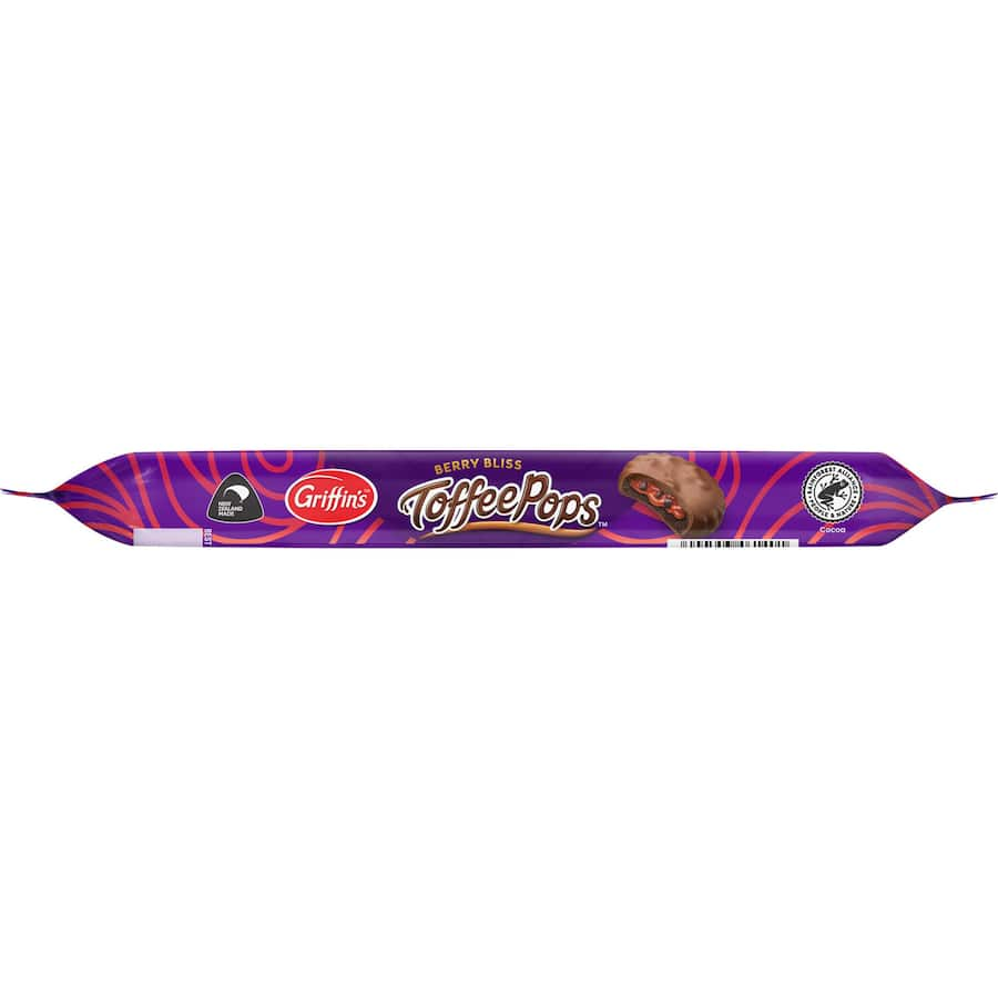 Griffins Toffee Pops Chocolate Biscuits Berry Bliss, featuring chocolate-covered biscuits with berry-flavored toffee.