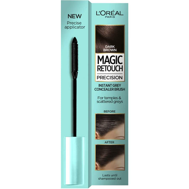 L'Oreal Paris Magic Retouch Grey Concealer Brush in Dark Brown for easy, precise coverage of stubborn grey hairs.