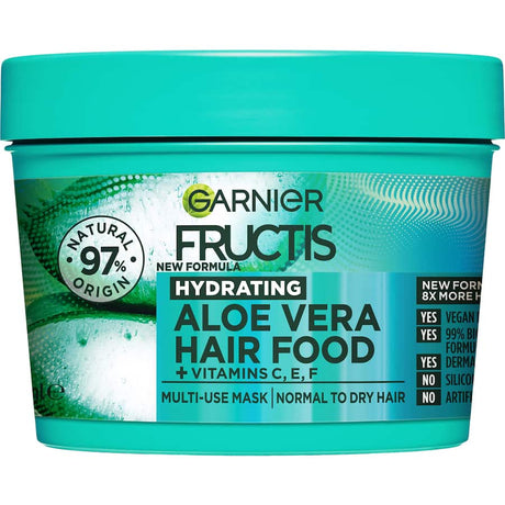 Garnier Fructis Aloe Vera Hair Food mask, a vegan, 98% natural hair treatment for deep hydration and nourishment.