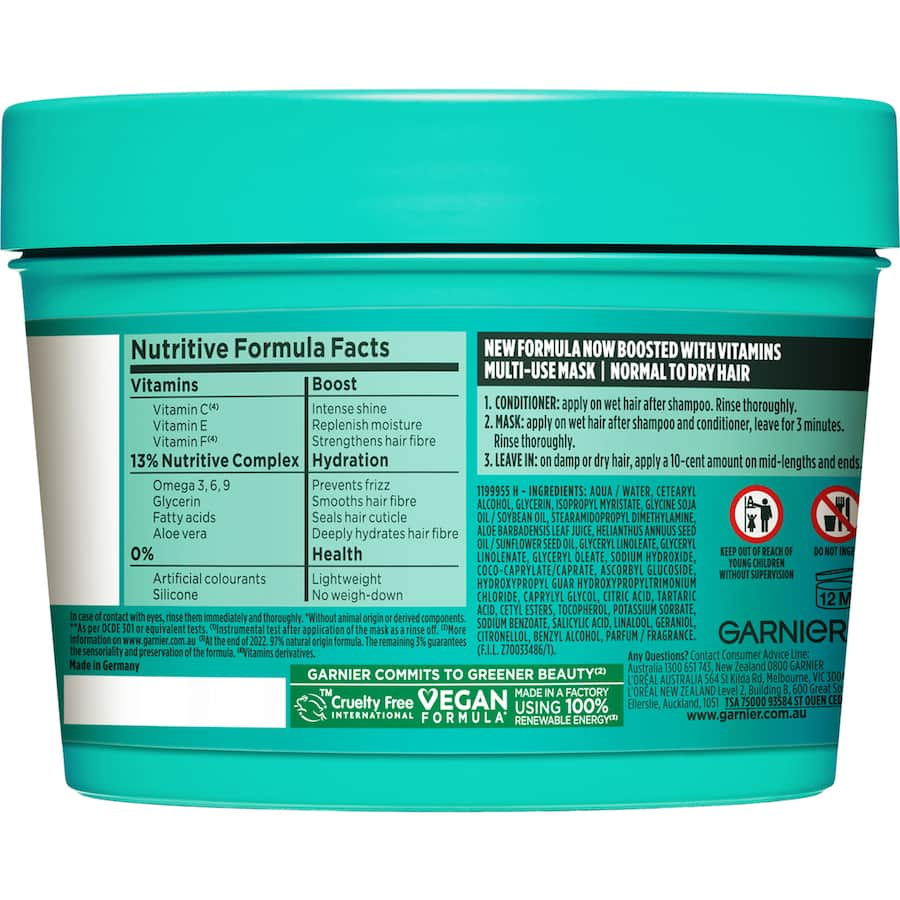 Garnier Fructis Aloe Vera Hair Mask for hydration and nourishment, vegan formula for normal to dry hair, 98% natural ingredients.