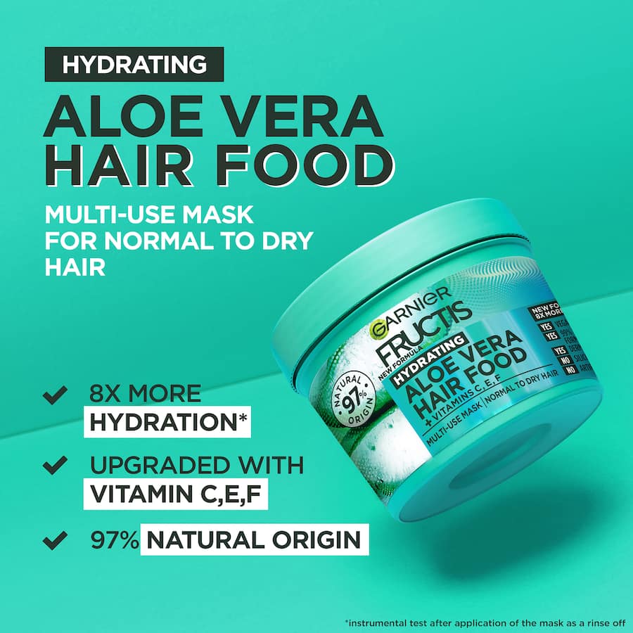 Garnier Fructis Aloe Vera Hair Food mask for deep hydration, vegan and cruelty-free, perfect for normal to dry hair.