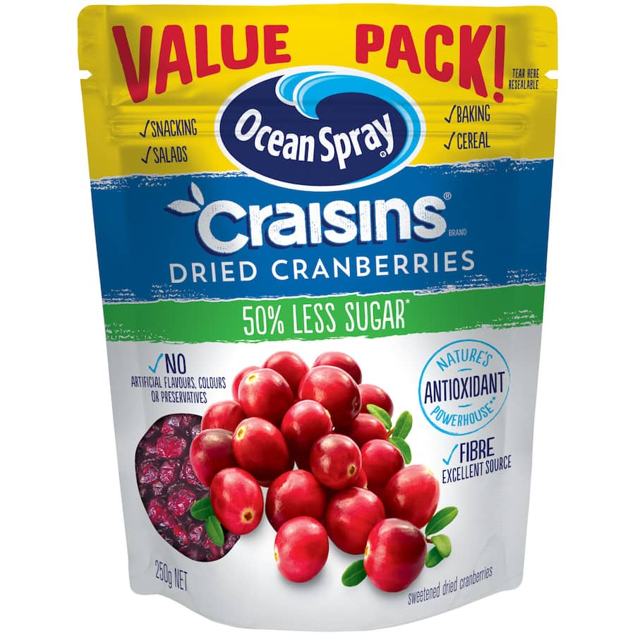 Reduced sugar dried cranberries in vibrant packaging, perfect for snacking or adding flavor to dishes.