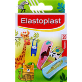 Colorful Elastoplast Kids Animal Plasters featuring playful designs like zebras and flamingos, ideal for fun wound care.