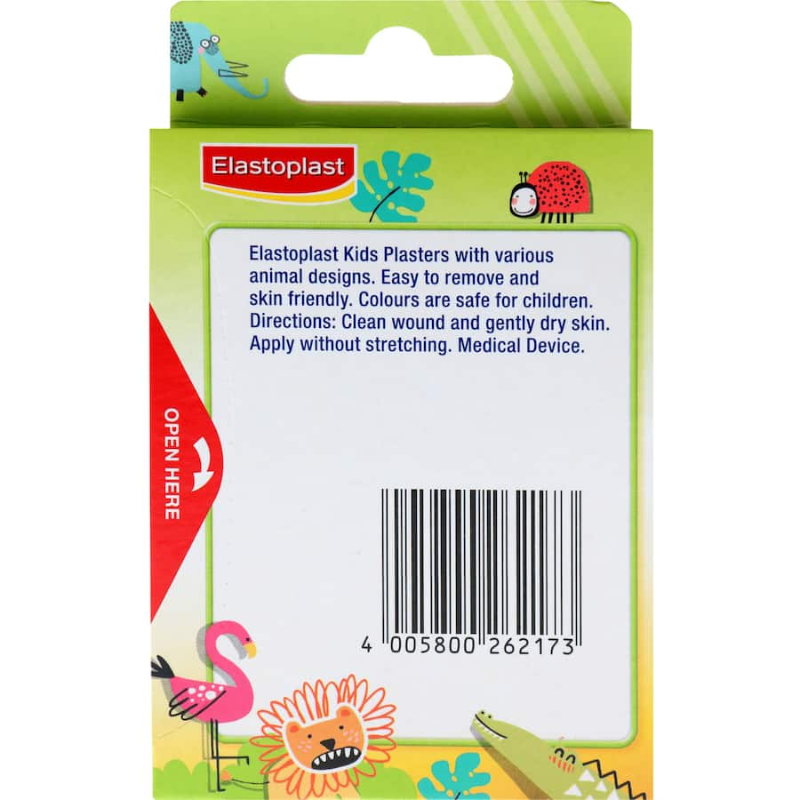 Colorful animal-themed plasters for kids, featuring fun prints and water-resistant support for small cuts and bruises.