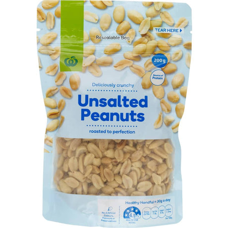 Woolworths Unsalted Peanuts, crunchy and nutritious, perfect for snacking or adding to recipes for a healthy lifestyle.