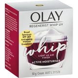 Olay Regenerist Whip UV Face Cream SPF 30, lightweight moisturizer reduces wrinkles, offers hydration and sun protection.