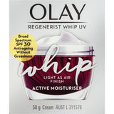 Olay Regenerist Whip UV Face Cream SPF 30, lightweight moisturizer that hydrates, firms skin, and offers sun protection.