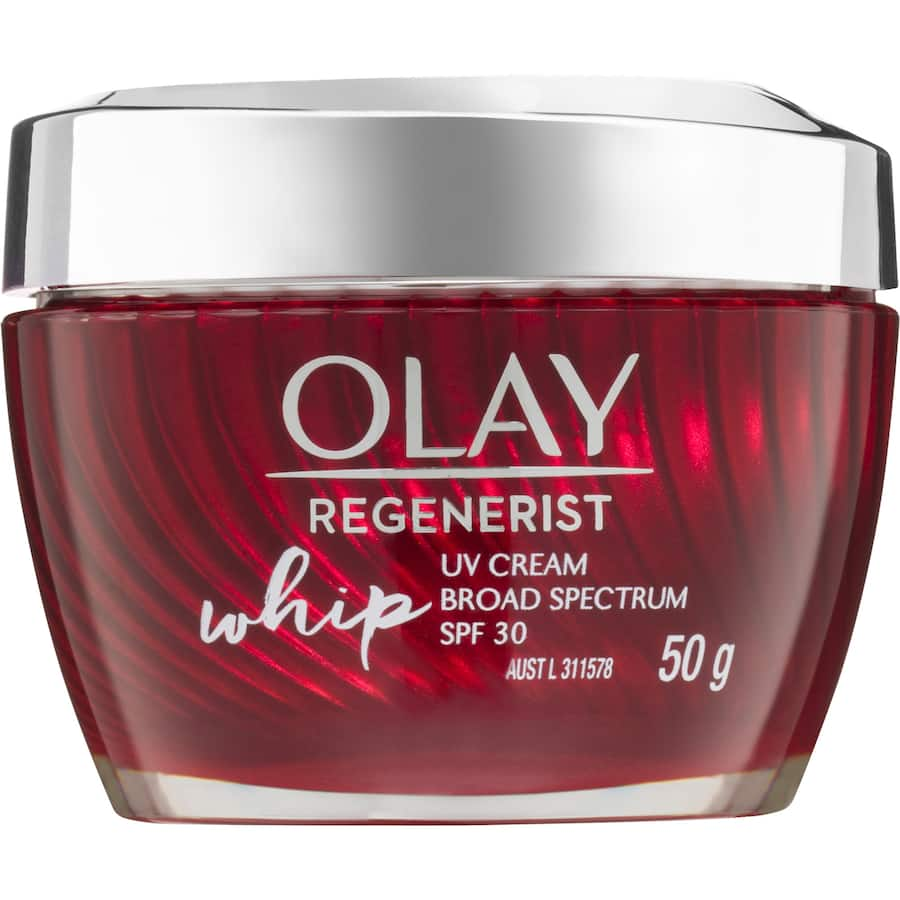 Olay Regenerist Whip UV Face Cream SPF 30 offers lightweight hydration, wrinkle reduction, and sun protection for youthful skin.