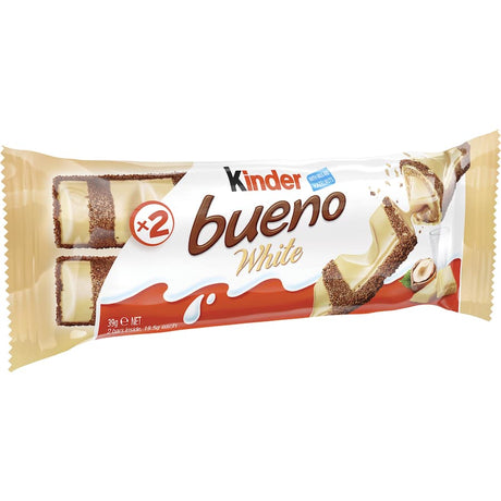 Kinder Bueno White chocolate bar featuring creamy white chocolate, rich hazelnut filling, and crunchy wafer layers.