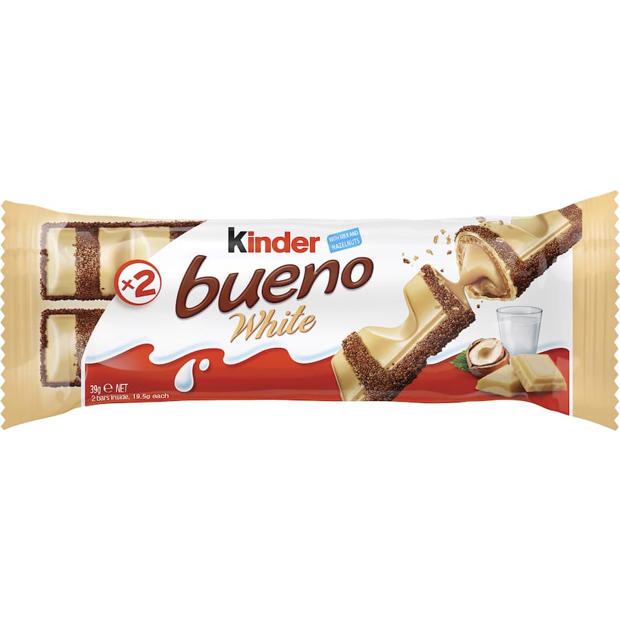 Creamy white chocolate bar with hazelnut filling and crunchy wafer layers, perfect for indulgent snacking.