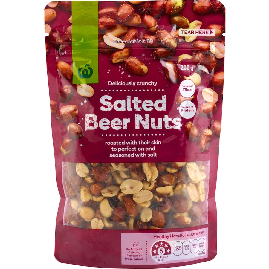 Bowl of Woolworths Salted Nuts featuring crunchy roasted peanuts, lightly salted, perfect for snacking and pairing with drinks.