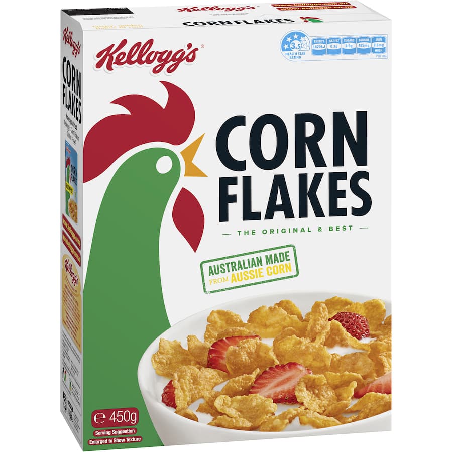 Bowl of Kellogg's Corn Flakes, crisp golden flakes made from sun-ripened corn, perfect for a nutritious breakfast.