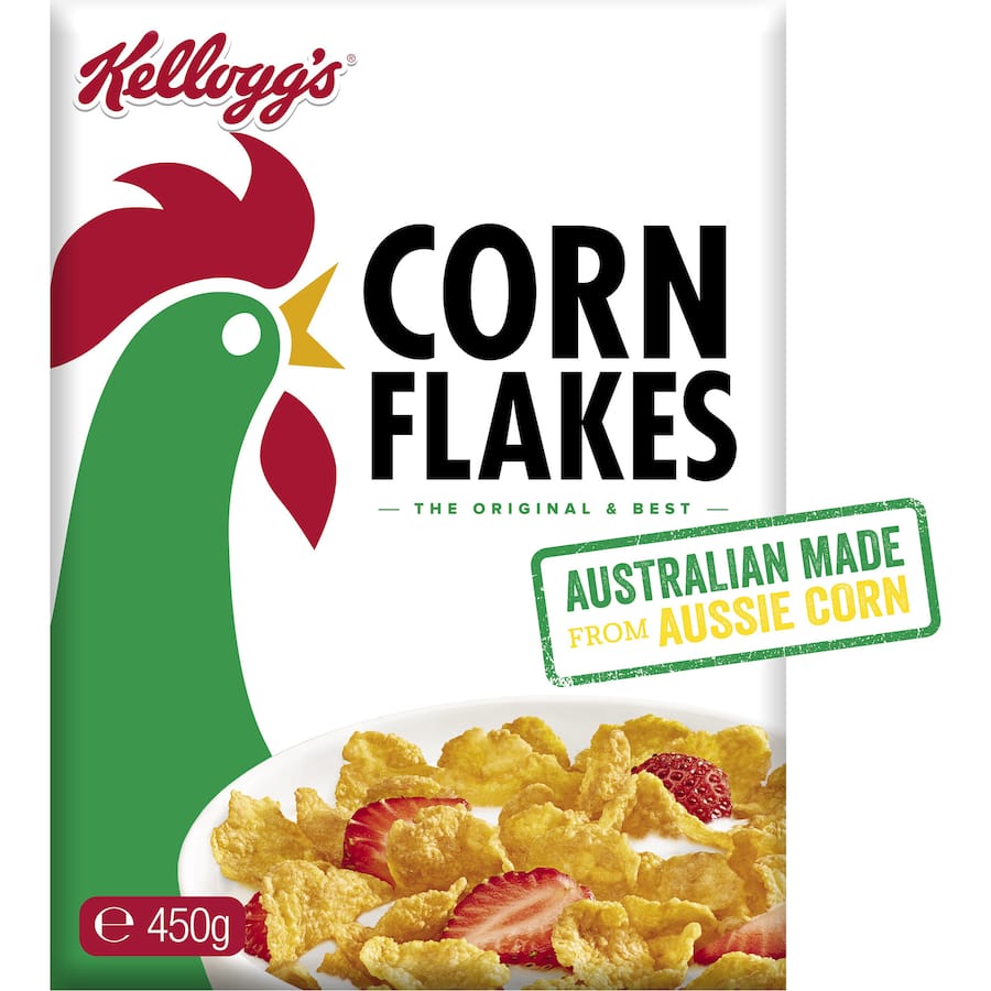 Kellogg's Corn Flakes, crispy golden corn cereal, nutritious and gluten-free, perfect for a quick and satisfying breakfast.