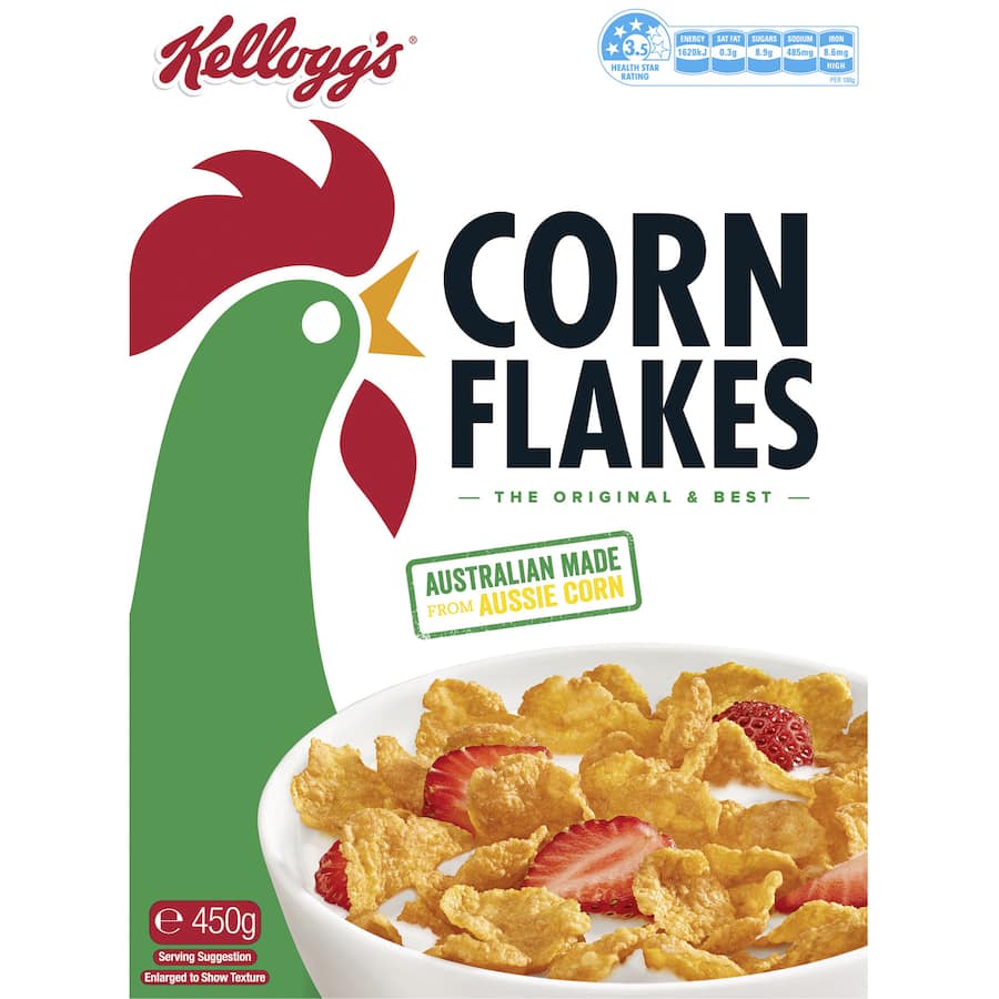 Bowl of Kellogg's Corn Flakes showcasing crisp, golden flakes made from sun-ripened corn, ideal for a nutritious breakfast.