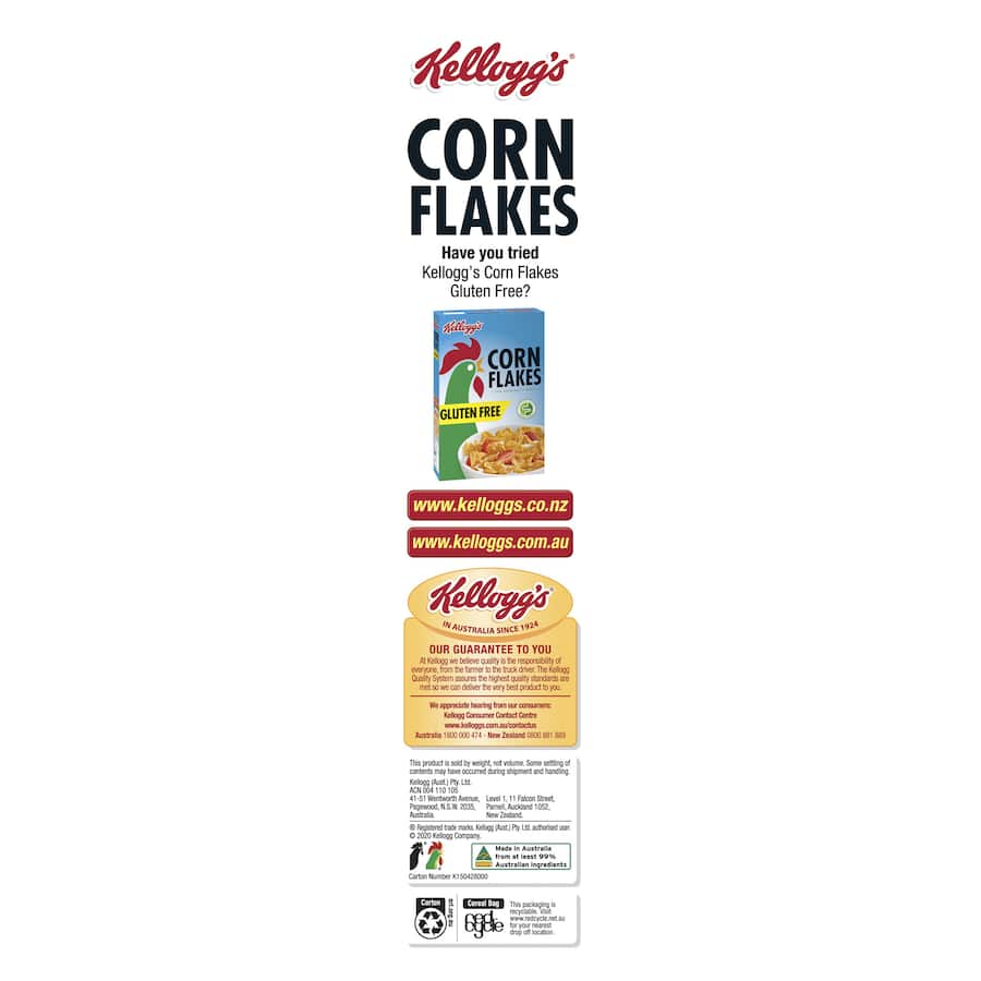 Kellogg's Corn Flakes: iconic crispy cereal made from sun-ripened corn for a nutritious and delicious breakfast.