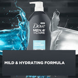 Dove Men + Care Clean Comfort Body Wash, hydrating and refreshing with cedarwood and bergamot scent, in eco-friendly packaging.