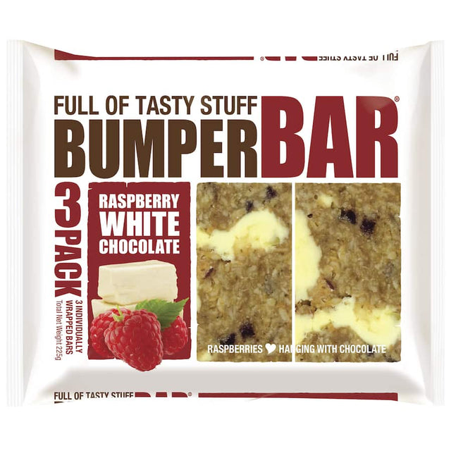 Cookie Time Bumper Bar with raspberry pieces and white chocolate chunks, offering a fruity and creamy snack option.