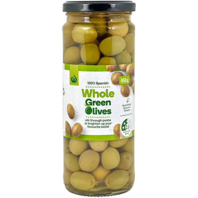 Woolworths Green Whole Olives in a bowl, showcasing their vibrant color and rich texture, perfect for snacking and recipes.