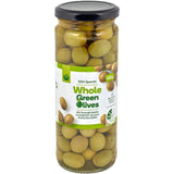 Woolworths Green Whole Olives in vibrant green, perfect for snacking, salads, and Mediterranean dishes, with rich flavor and no artificial additives.