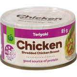 Woolworths Canned Chicken Teriyaki, 85g, tasty shredded chicken in savory sauce, perfect for quick meals and snacks.