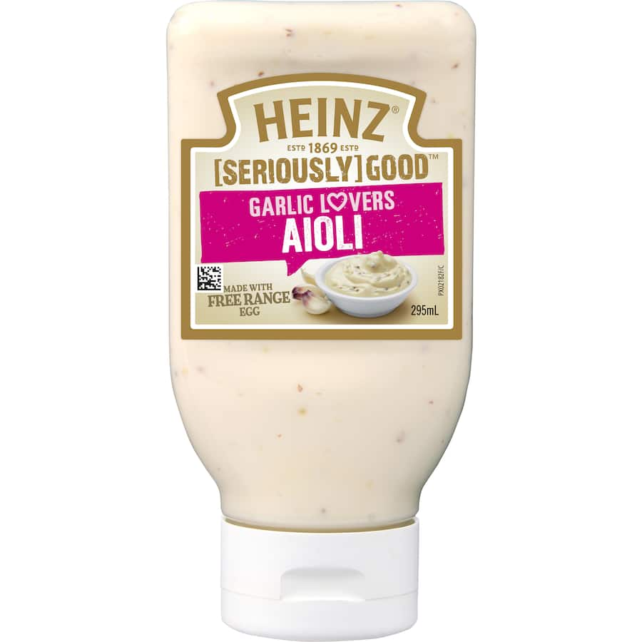 Heinz [Seriously] Good Aioli Garlic Lovers, rich and creamy garlic dip for fries, burgers, and seafood, made with free-range eggs.