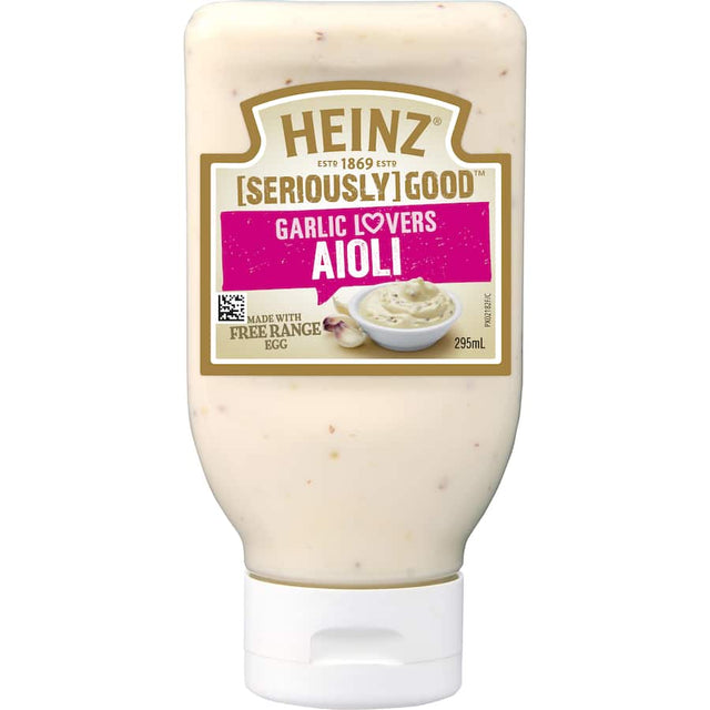 Heinz [Seriously] Good Aioli Garlic Lovers, rich and creamy garlic dip for fries, burgers, and seafood, made with free-range eggs.