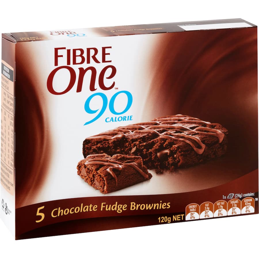 Fibre One Cake Bars Chocolate: moist, chewy bars with chocolate chips and drizzle, only 90 calories and 5.2g of fiber.