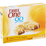 Fibre One Lemon Drizzle Cake Bars: 90-calorie snack with zesty lemon flavor and 5.2g of fiber for guilt-free indulgence.