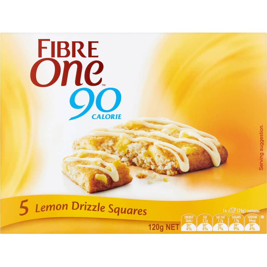 Fibre One Lemon Drizzle Cake Bar, a 90-calorie snack with zesty lemon flavor and 5.2g of fiber for guilt-free indulgence.