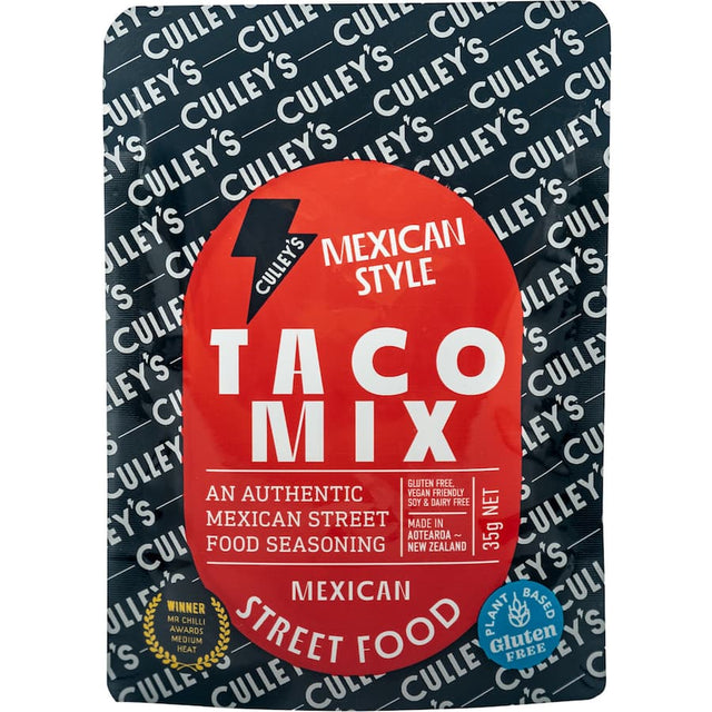 Culley's Taco Seasoning packet showcasing vibrant spices for easy, authentic Mexican-style tacos at home.