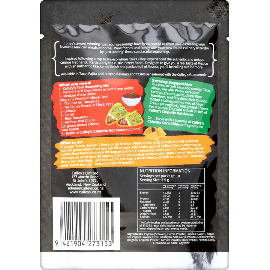 Culley's Mexican Taco Seasoning packet showcasing vibrant spices for authentic, easy-to-make tacos and meals.