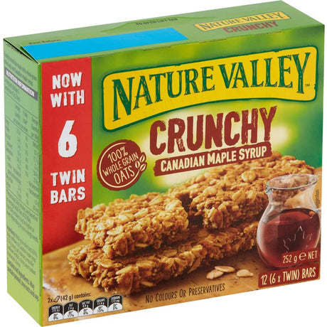 Nature Valley Crunchy Muesli Bars with Canadian Maple Syrup, wholesome oats, gluten and lactose free, perfect on-the-go snack.