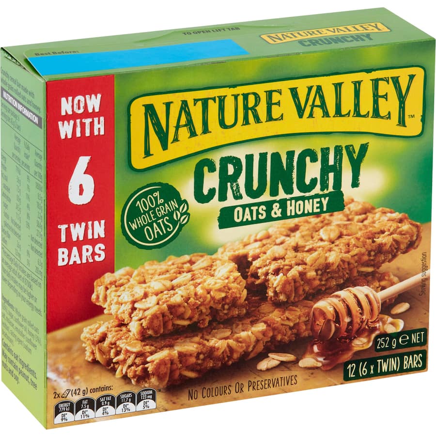 Nature Valley Crunchy Muesli Bars featuring oats and real honey, perfect for nutritious snacking on-the-go.