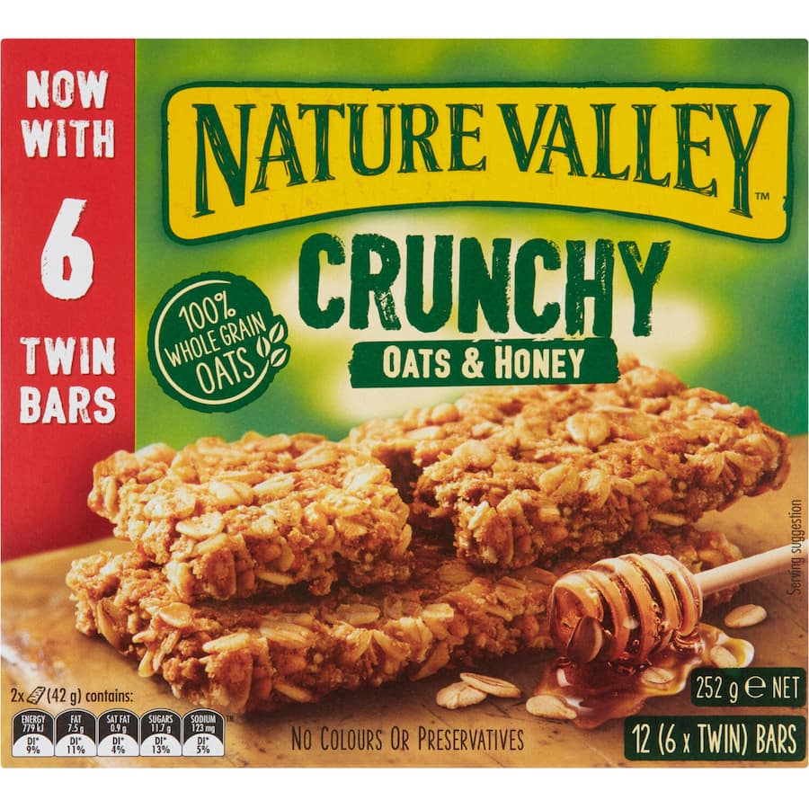 Nature Valley Crunchy Muesli Bars with oats and honey, a wholesome, lactose-free snack packed with fiber and whole grains.