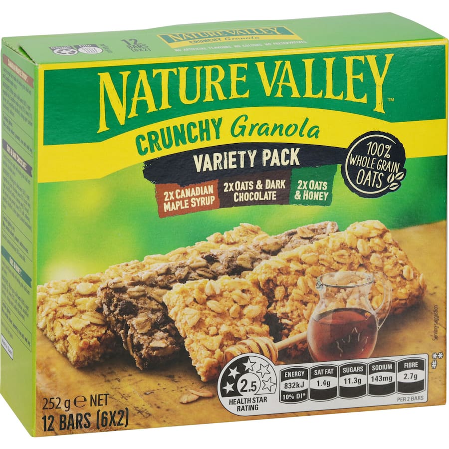 Nature Valley Crunchy Muesli Bars Variety Pack featuring whole grain oats, in flavors of honey, dark chocolate, and maple syrup.