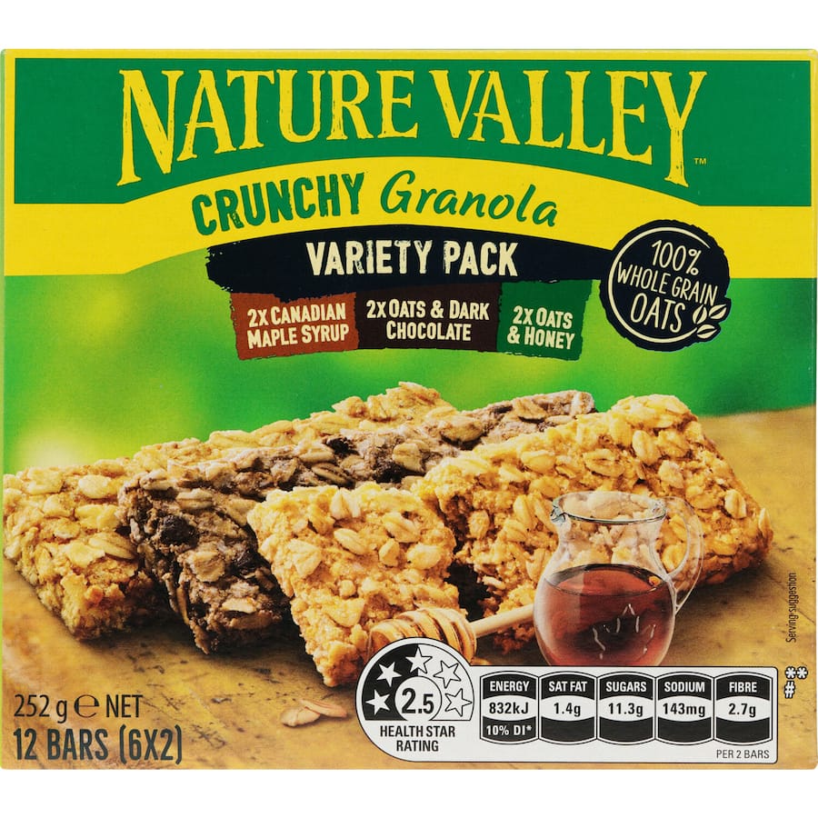 Nature Valley Crunchy Muesli Bars Variety Pack featuring whole grain oats, real honey, dark chocolate, and maple syrup snacks.