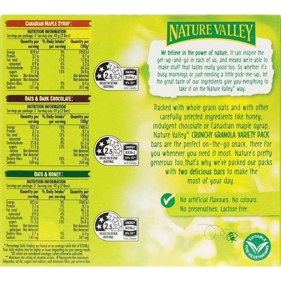 Nature Valley Crunchy Muesli Bars Variety Pack with whole grain oats, honey, dark chocolate, and maple syrup; perfect on-the-go snack.