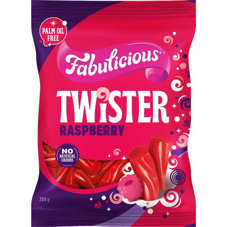 Fabulicious Raspberry Twister: vibrant licorice twists bursting with juicy raspberry flavor for a fun snacking experience.