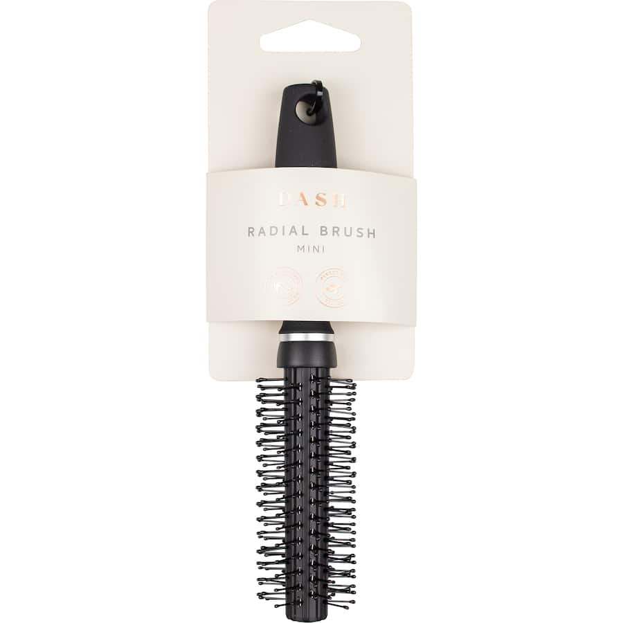 Compact radial hair brush with ergonomic handle, perfect for styling, smoothing frizz, and enhancing curls.