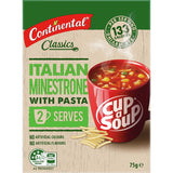 Bowl of Continental Classics Italian Minestrone soup with pasta, featuring colorful vegetables and tomatoes for a quick meal.