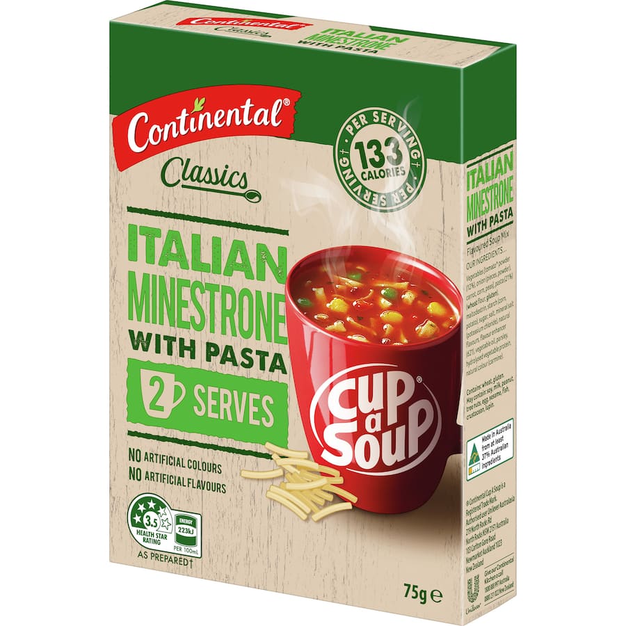 Instant soup cup featuring Italian Minestrone with pasta, rich in tomatoes and vibrant vegetables for a convenient meal.