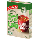 Instant soup cup featuring Italian Minestrone with pasta, rich in tomatoes and vibrant vegetables for a convenient meal.