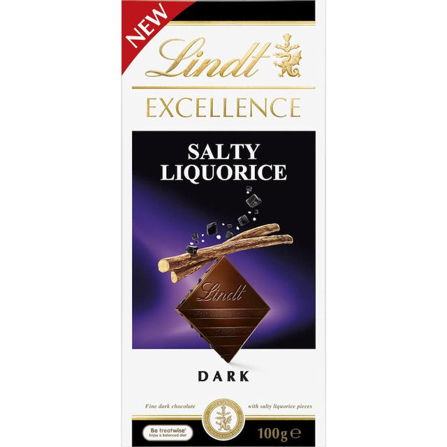 Lindt Excellence Salty Liquorice chocolate bar featuring rich dark chocolate and unique salty liquorice flavor blend.