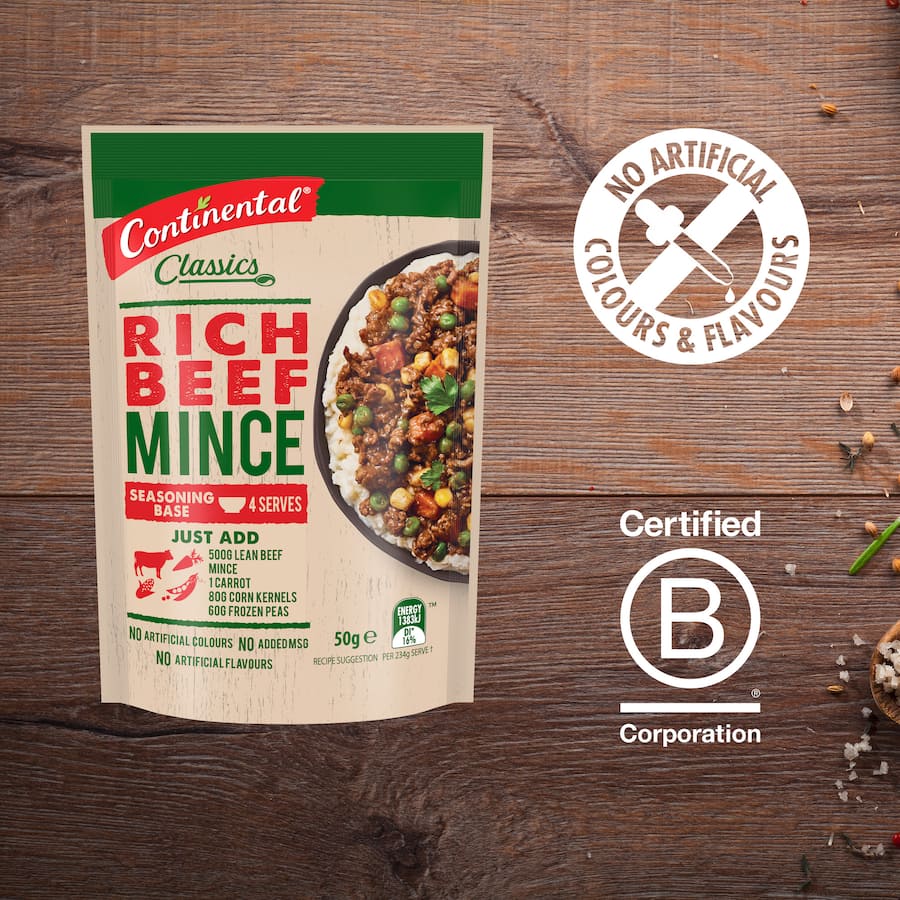 Rich beefy mince meal base, perfect for quick, delicious family dinners with real ingredients and no artificial additives.