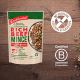 Rich beefy mince meal base, perfect for quick, delicious family dinners with real ingredients and no artificial additives.