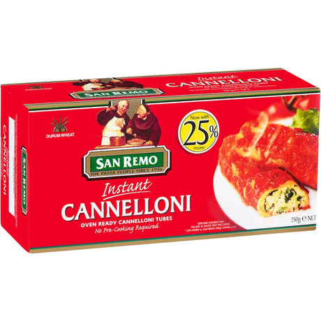 San Remo Pasta Cannelloni tubes made from durum wheat semolina, perfect for stuffing with various fillings and sauces.