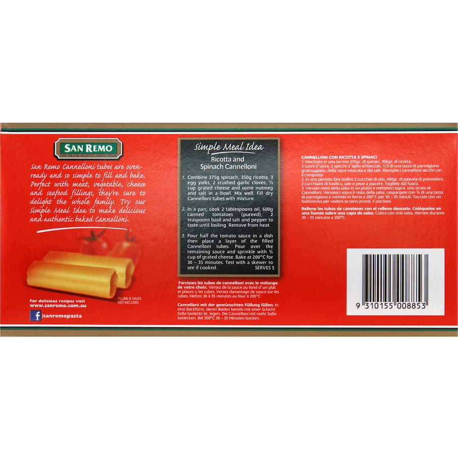 Dried San Remo Pasta Cannelloni tubes made from 100% durum wheat semolina, ready for stuffing with various fillings.