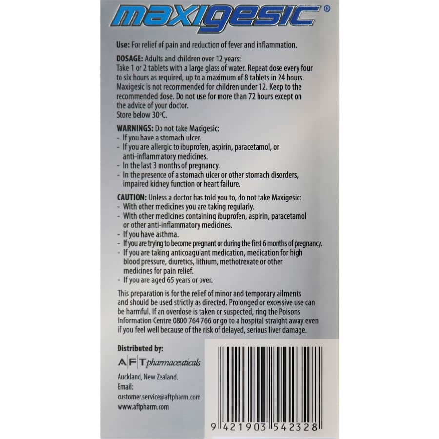 Maxigesic Paracetamol & Ibuprofen bottle, a dual-action pain reliever for headaches, muscle aches, and arthritis.