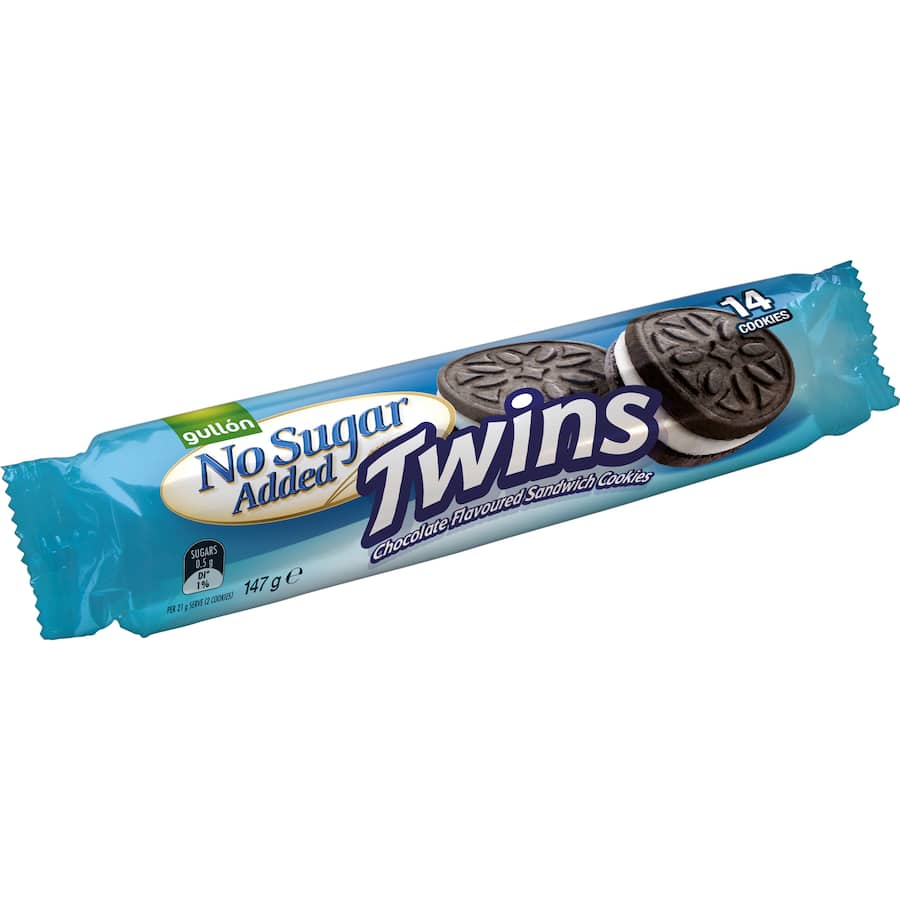 Gullon No Added Sugar Choc Twins: delicious sandwich cookies with rich chocolate filling, perfect for guilt-free snacking.